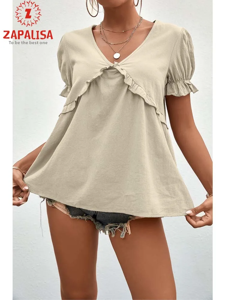 

Женская футболка с оборками и V-образным вырезом, с рукавами-фонариками