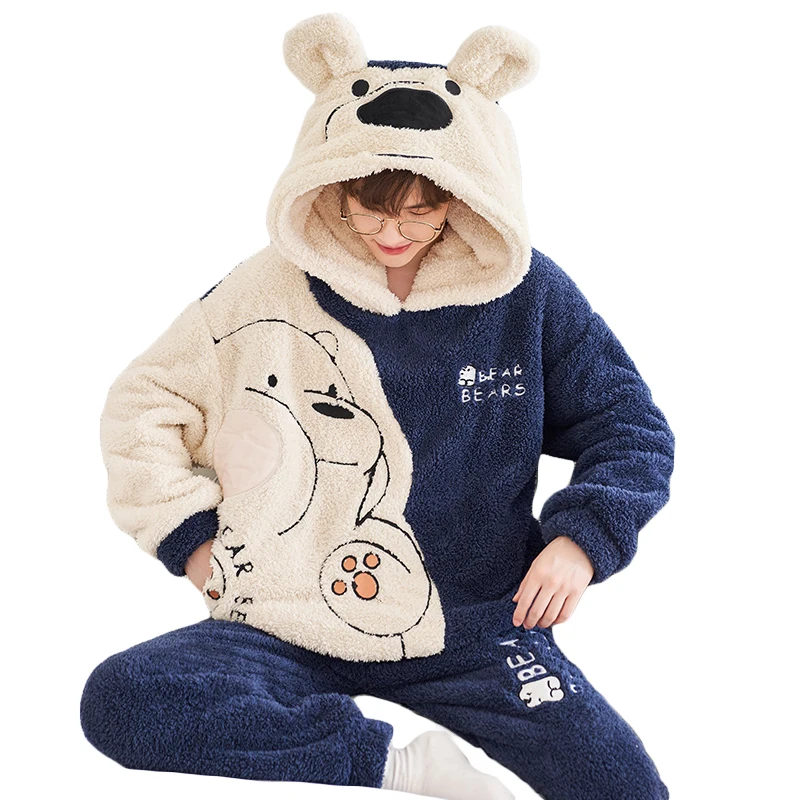 Couple Pajamas Set Women Men Winter Thicken Hoodies Pyjamas Sleepwear Cartoon Bear Kawaii Adult Warm Pijamas Suit Nightdress