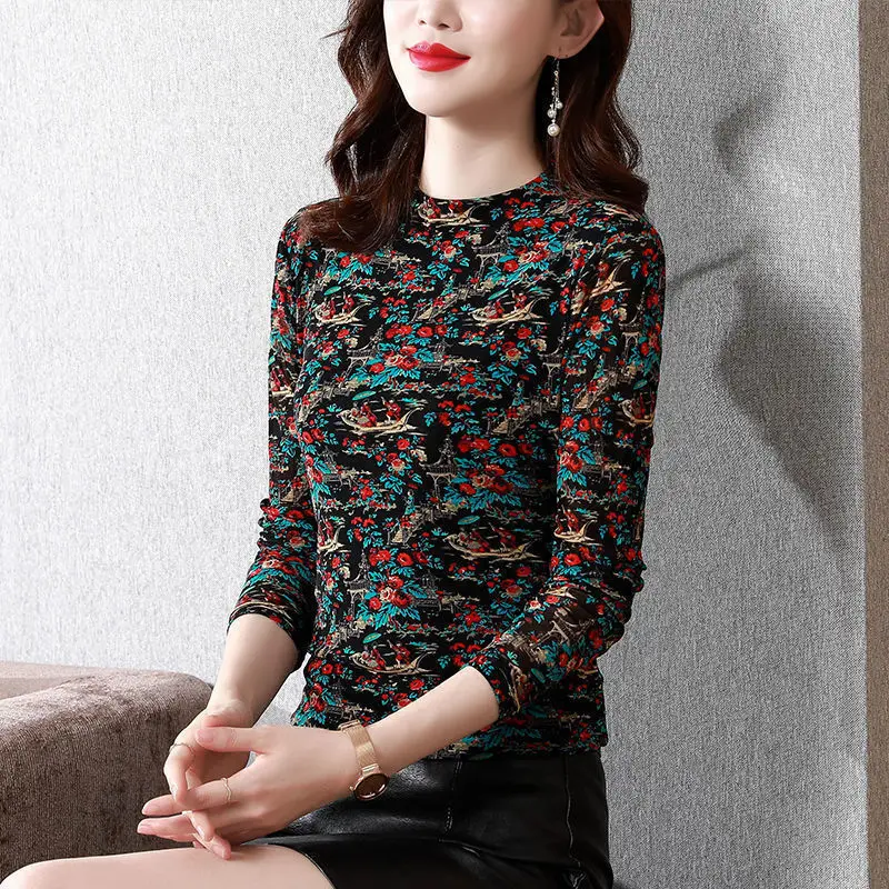 Spring Autumn Floral Vintage Loose Printed T-shirt Women Long Sleeve All-match Chic Tops Ladies Elegant Fashion Slim Pullover