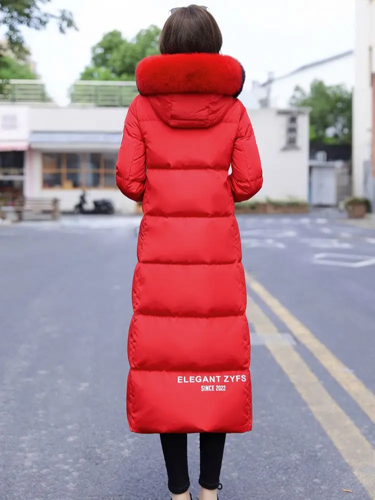 New Women Long Down Coat Winter Casual Fashion Two-Colour Detachable Real Fox Fur Collar Thicken Warm Belt Slim Down Jacket