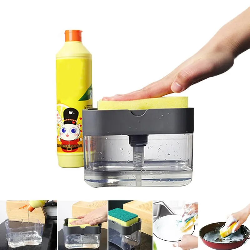 

Портативный дозатор для моющих средств, Кухонный Контейнер для мыла, с держателем для губки, Ручной пресс, инструменты для дозирования жидк...