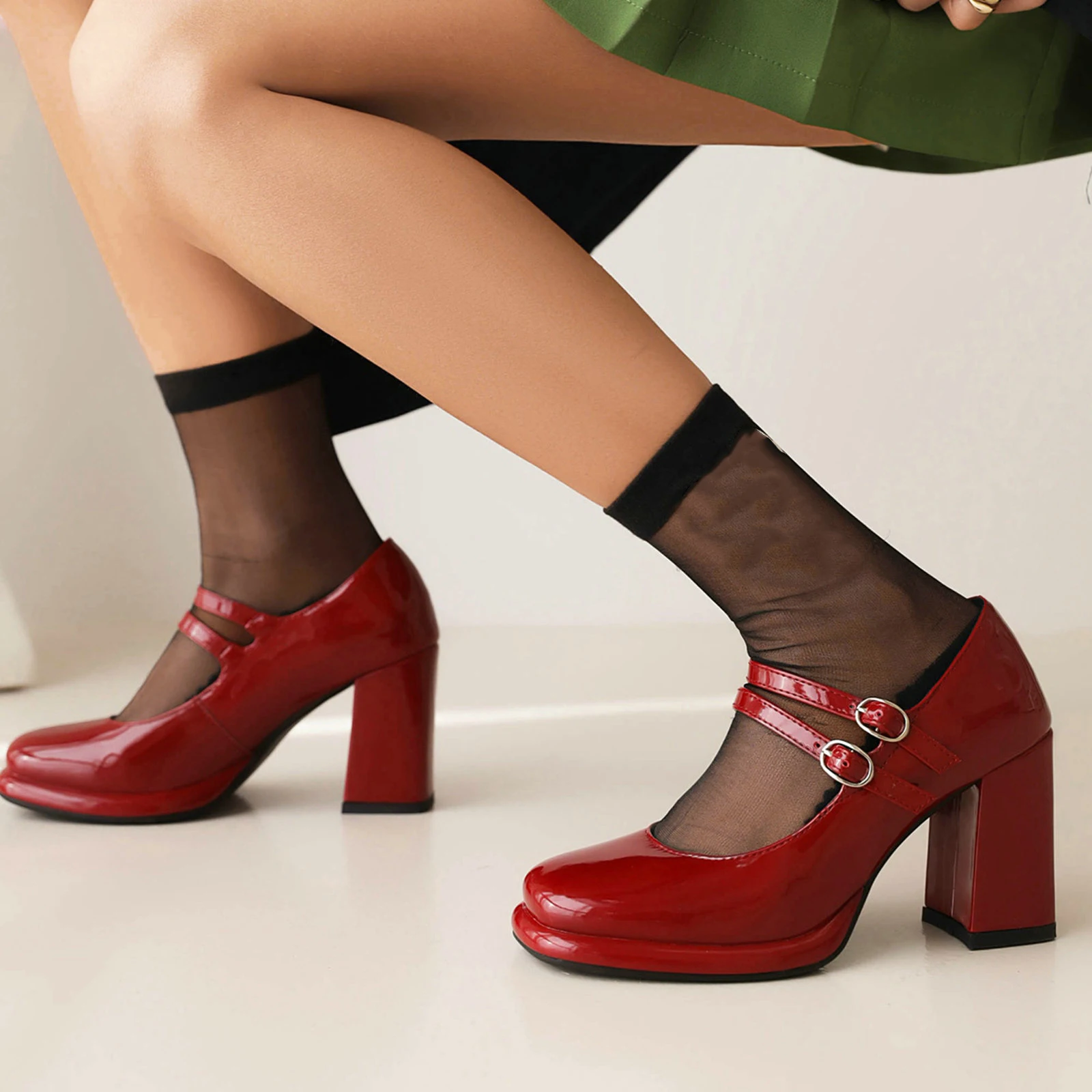 Eokkar Women Square Toe Patent Leather Mary Janes Two Buckle Pumps Platform Chunky Heel Vintage Dress Shoes White Block Pumps