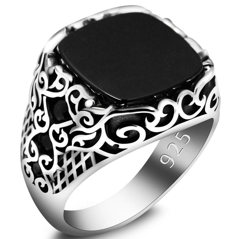 

Turkish Black Onyx Men's Ring 925 Sterling Silver Vintage Tree Rattan Butterfly Square Natural Large Stone Ring CZ Jewelry Gift