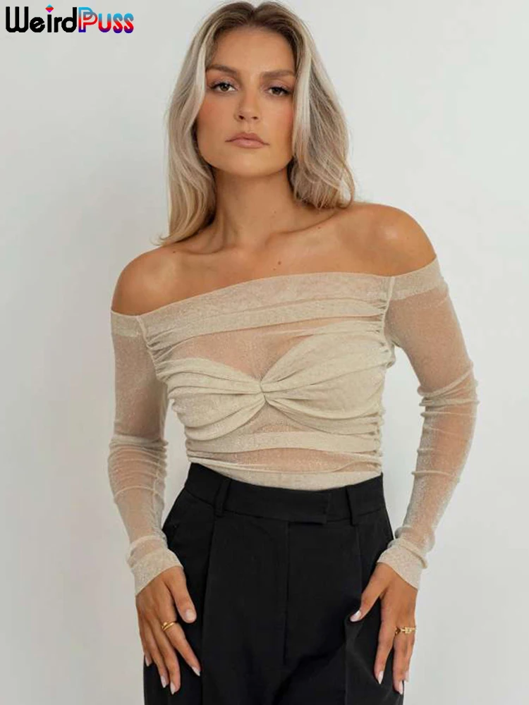 

Необычные женские блестящие сетчатые кроп-топы с вырезом лодочкой и длинным рукавом, прозрачные оборки, горячие женские Клубные полуночные сексуальные дикие футболки