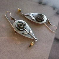 2022 new vintage leaf rose flower water drop earrings for women engraved antique metal statement dangle earing party accessories