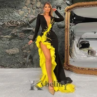 kybeliny black yellow contrast mermaid evening dresses slit latin v neck prom robe de soiree celebrity vestidos fiesta women