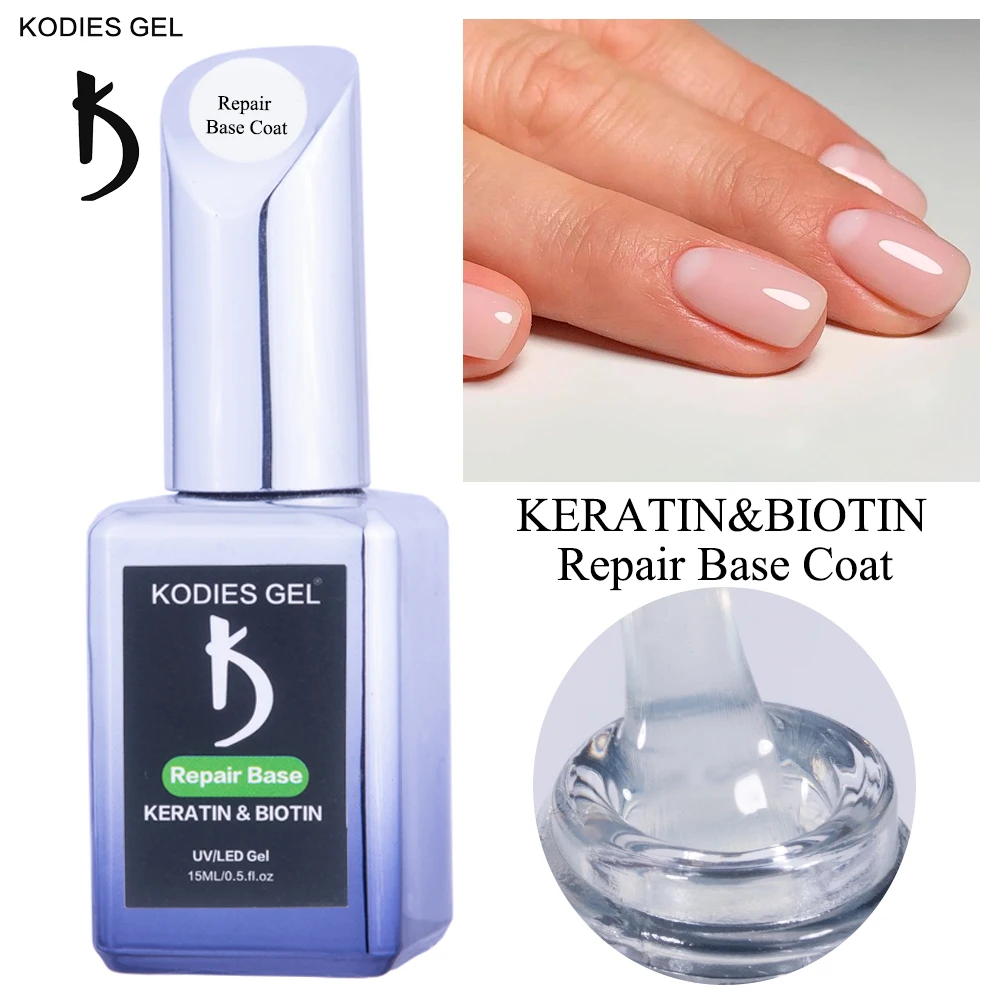 

KODIES GEL 2022 NEW Repair Base Coat Gel Nail Polish UV/LED 15ML Keratin Biotin Nails Treatment Strengthener Base Primer Clear