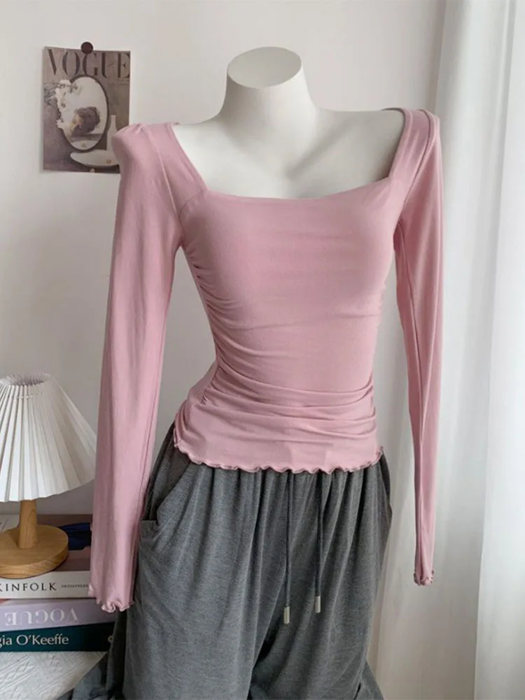 Женский плиссированный топ с квадратным вырезом, тонкий двухслойный топ ...