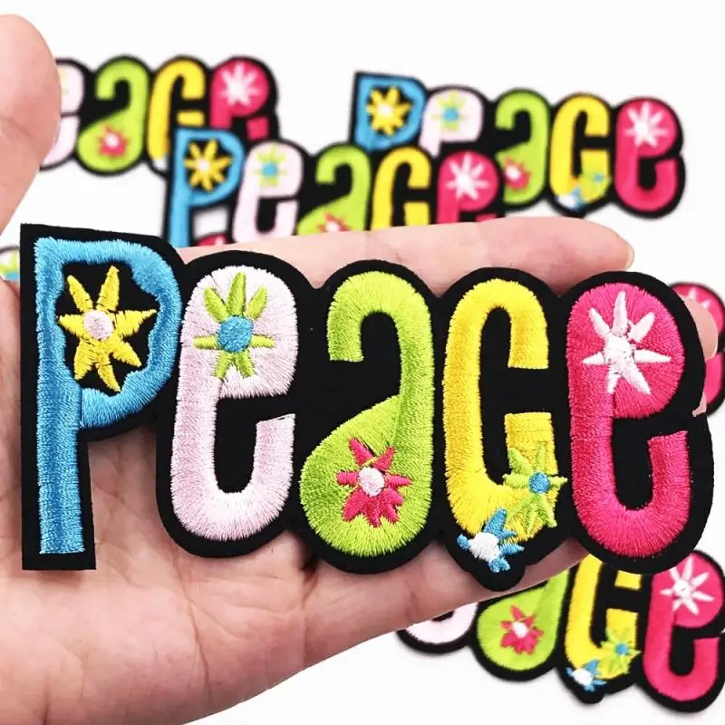 

Wholesale 8pcs Peace letter Embroidered Patches Sewing on Patches Iron On Clothes Garment diy Accessories badges high quality