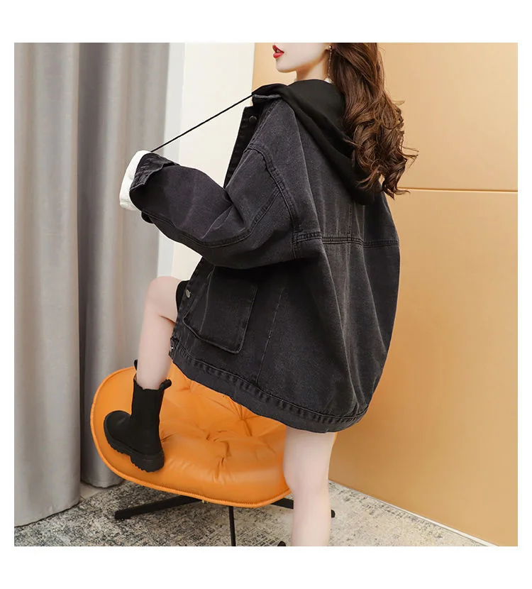 

Уличная одежда, черные джинсовые куртки для женщин, корейская мода, Лоскутная весенняя куртка с капюшоном, повседневные куртки, женские джи...