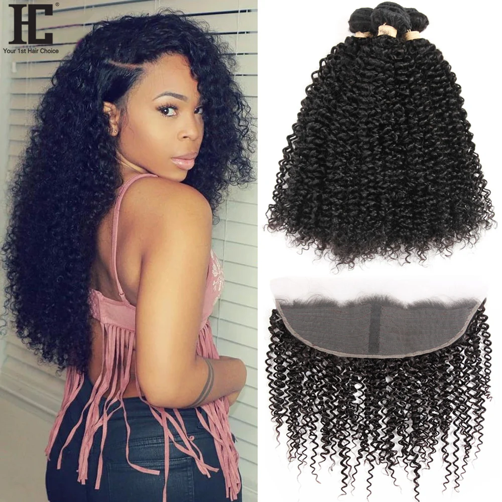 Long Kinky Curly 3 Bundles With Frontal Brazilian Human Hair Weave With Frontal 13x4x1 HD Lace Frontal Closure With Bundles Deep