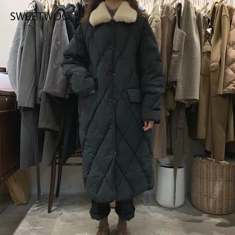 Winter Women Fur Collar Oversize Rhombus Pattern Long Parkas Pocket Female Warm Long Cotton Overcoat Single Breasted Outwears
