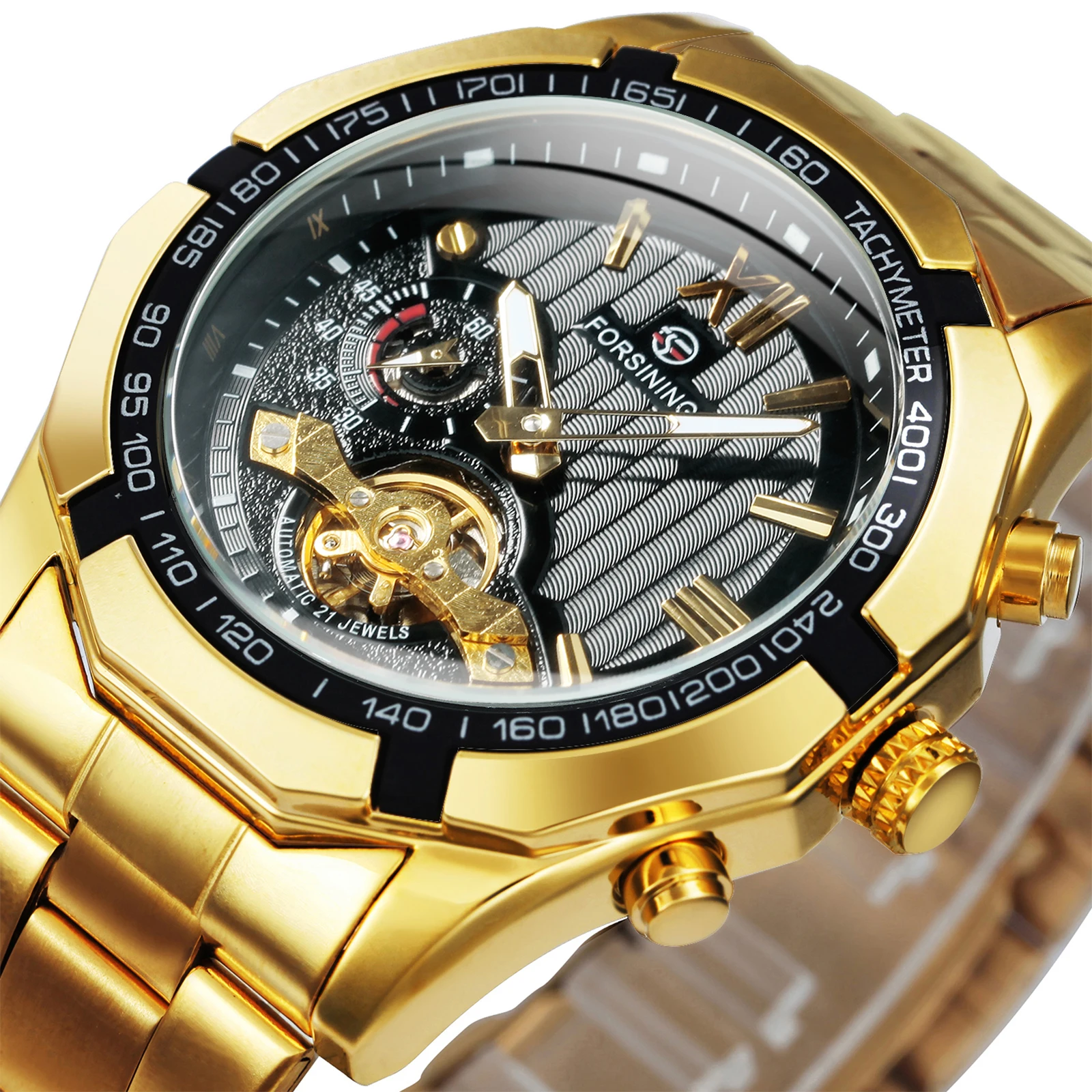 

Forsining Military Mens Mechanical Wristwatches Gold Tourbillon Sskeleton Automatic Watch for Men Luxury Steel Strap Luminous
