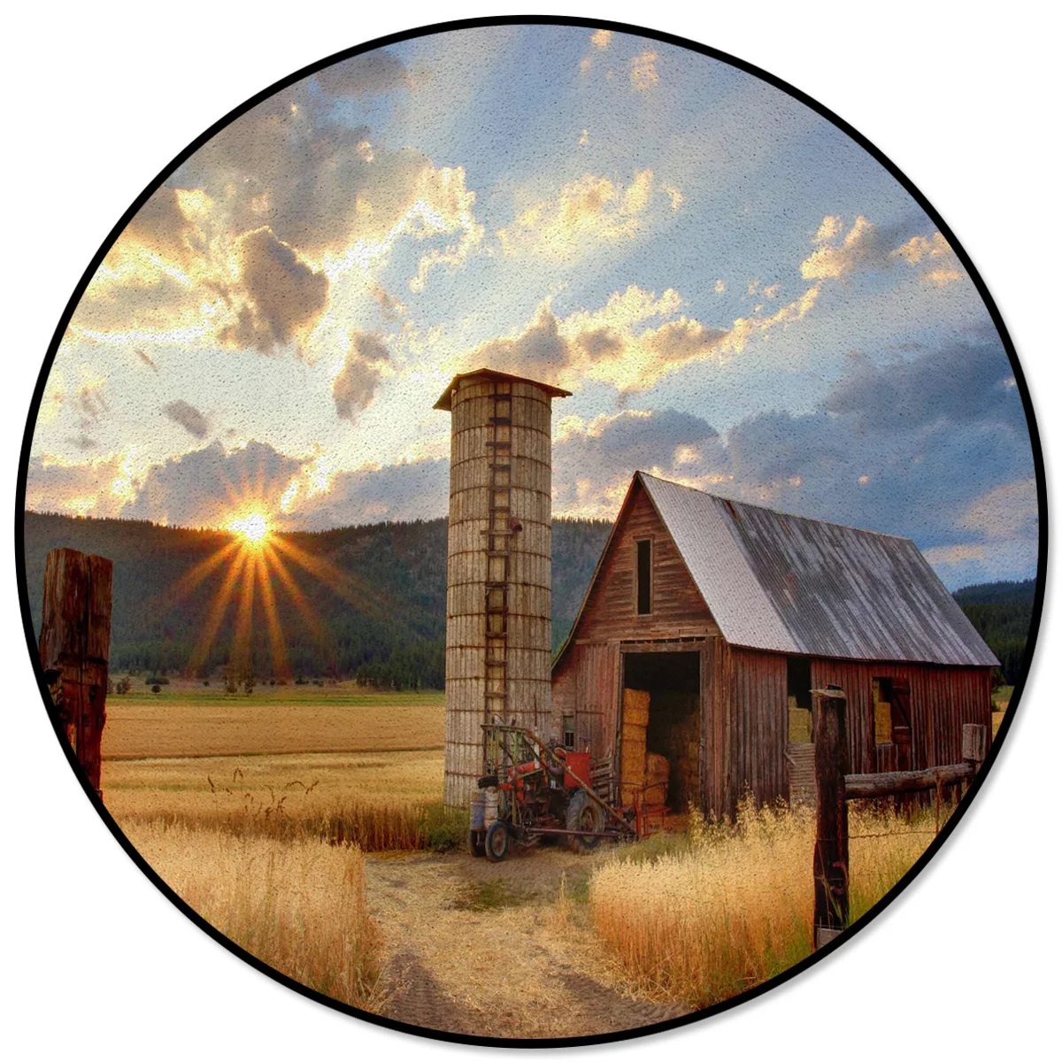 

Farm Barn Wheat Field Sunrise Rugs And Carpets For Home Living Room Round Rug For Children Rooms Non-slip