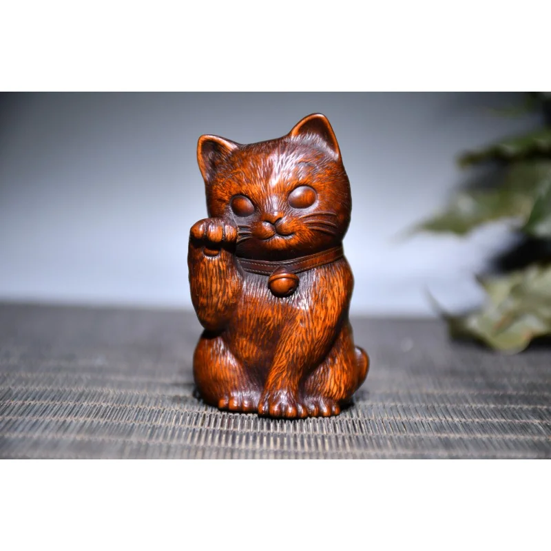 

2.8" Collection Chinese Box-wood Hand Engraving Lovable Animal Fortune Cat Statue Craft Gift Decoration Home Decore