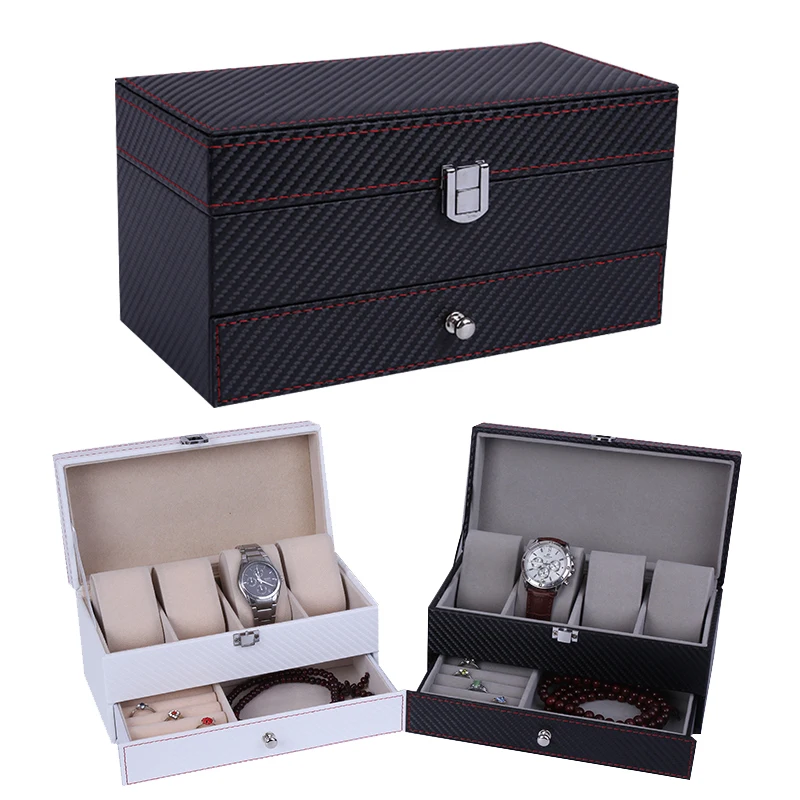 High Quality Carbon Fiber  Leather Case 4 Grid Double Layer Watch Box for Men and Women Jewelry  Organizer Display The Best Gift