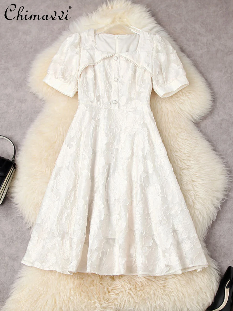 

French Socialite Beaded Square Collar High Waist Slim Dress 2022 Summer Women's New Fashion Solid Color Jacquard Elegant Dress