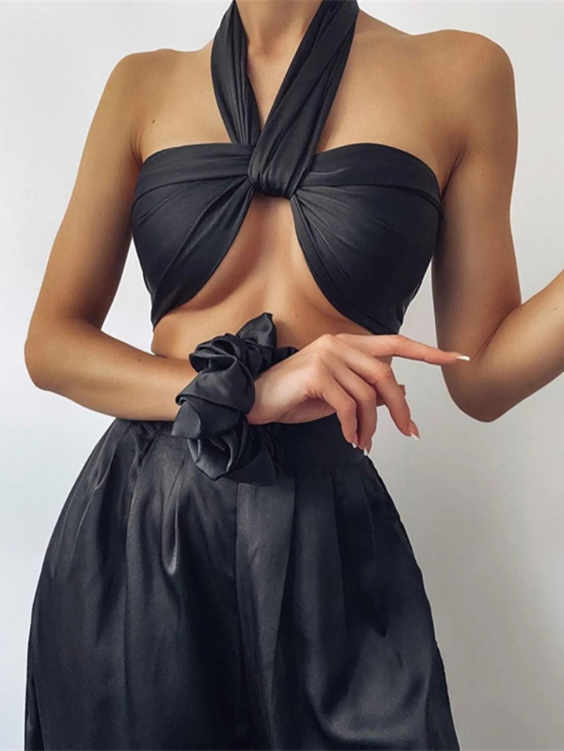 

Sexy Silk Chic Satin Pants Sets Women 2 Piece Suit Summer Fashion Clothes Halter Cross Backless Tank Top Trousers Suits Outfits