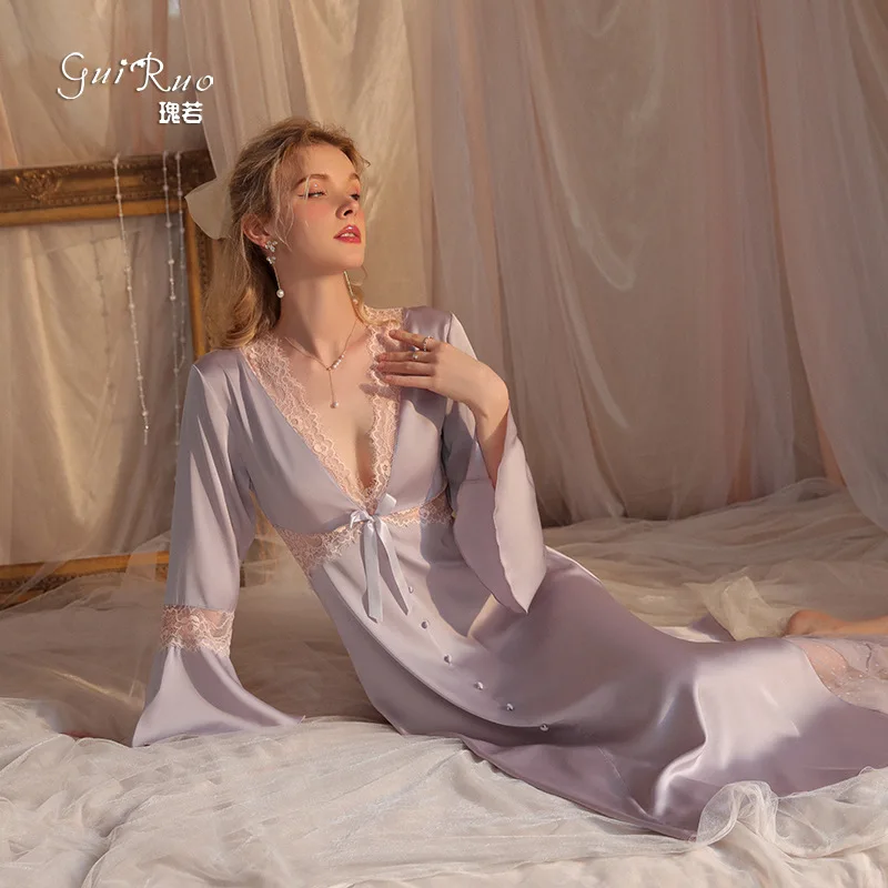 

Ночная сорочка Женская атласная, модная длинная ажурная ночная рубашка из вискозы, пикантная тонкая Пижама с глубоким V-образным вырезом, домашняя одежда