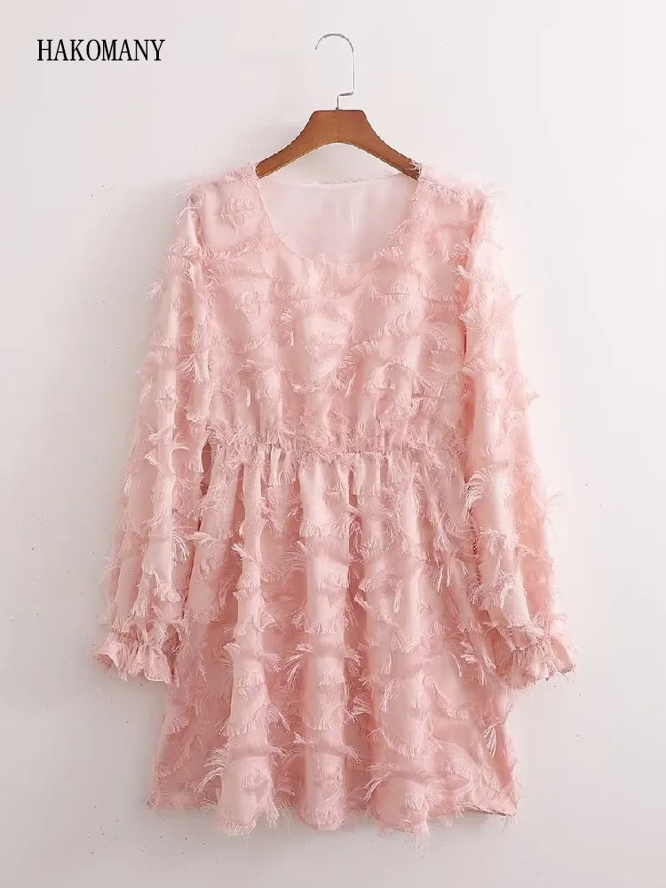 

Women Elegant Robe Female Vestidos Retro French Style Pink 3D Tassel Full Sleeve Mini Dress O neck Elastic Waist