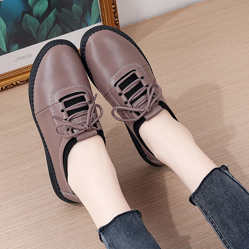 Spring Women Flats Loafers Shoes Genuine Leather Casual Shoes Female Flats Lace Up Loafers Casual Slip-on Walking Shoes Woman