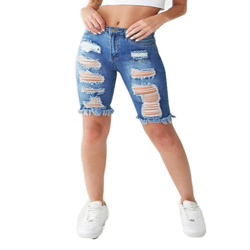Ripped five-point jeans 2023 new ripped loose straight leg pants denim shorts female high waist summer