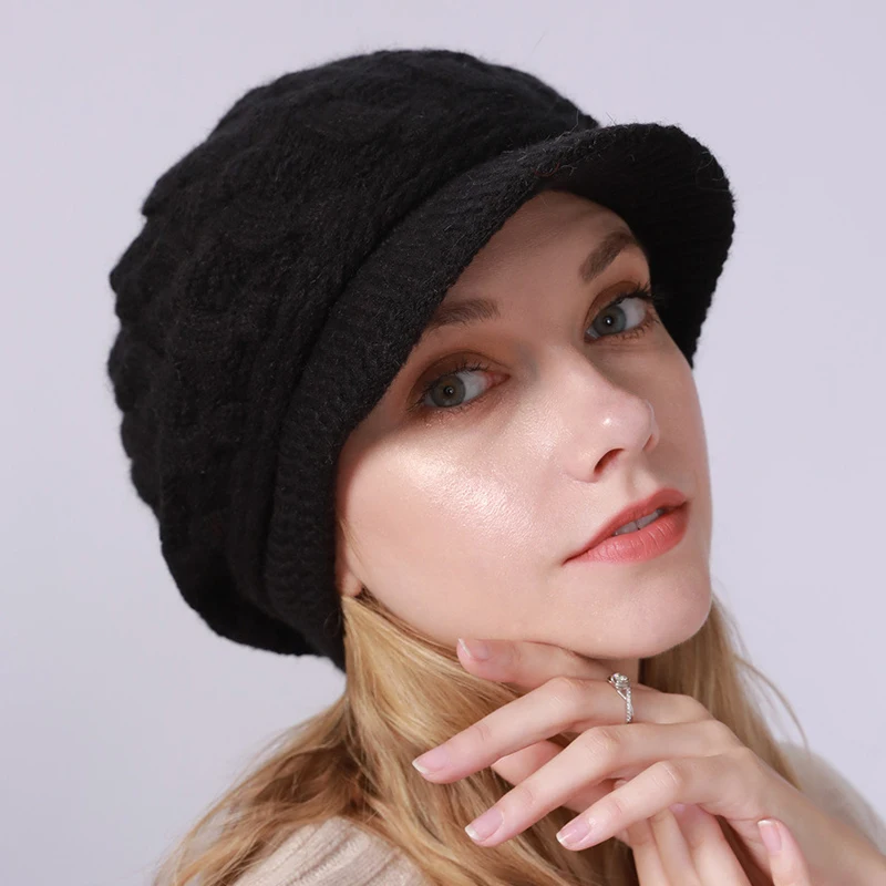 

New Women Winter Solid Beret Hat Casual Rabbit Fur Warm Short Brim Hats Fashion Wool Knitted Outdoor Leisure Ladies Caps Bonnet