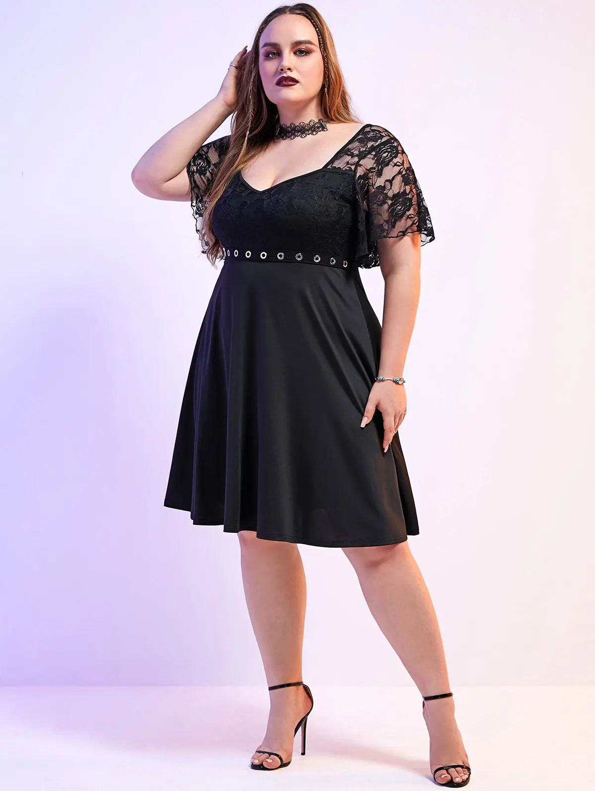 

ROSEGAL Elegant Black Lace Panel Grommet Party Dresses Vestido Ladies Summer High Waist Semi Formal A Line Knee-Length Dress 5XL