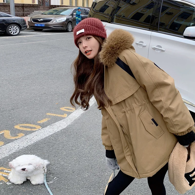 Pai Overcome Women's Winter Medium length Casual Large Fur Collar Plush Thickened Coat