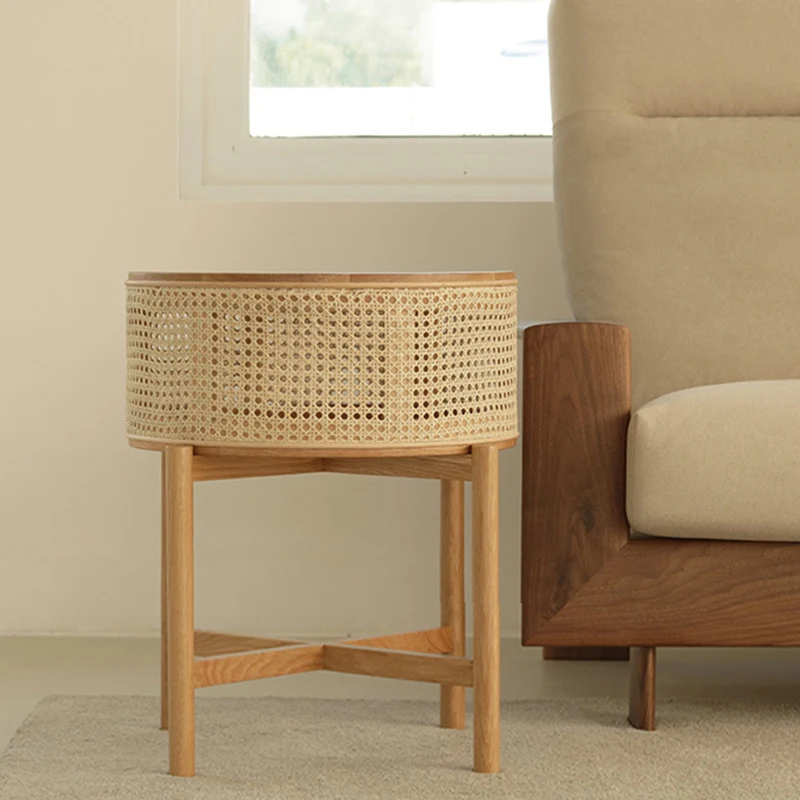 

Nordic solid wood rattan corner table sofa side table living room bedroom rattan wood small round table small apartment type