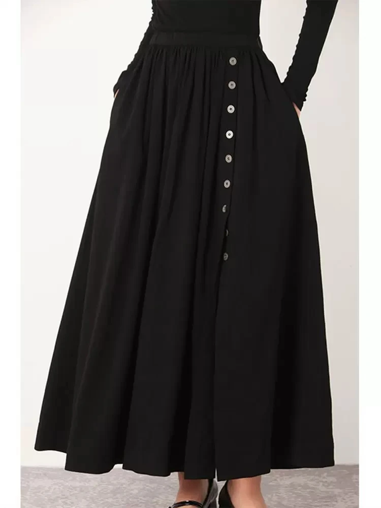 

Юбка женская трапециевидная на пуговицах, с разрезом, эластичная с завышенной талией, черная, весна-осень