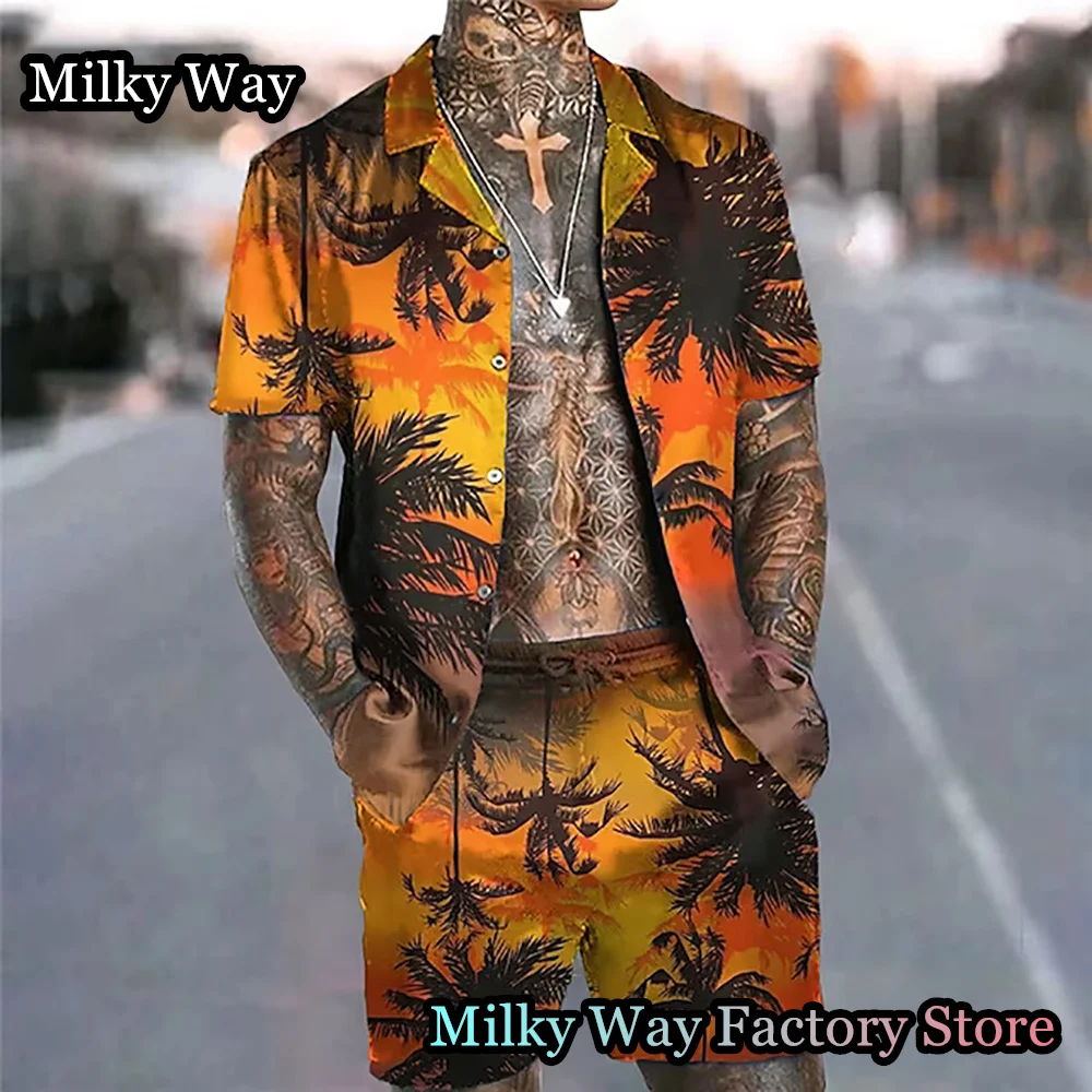 Summer Men Hawaiian Shirt Shorts Set 2 Pieces Vintage Tracksuit Fashion Beach Style Outfit Male Casual Vacation Clothing