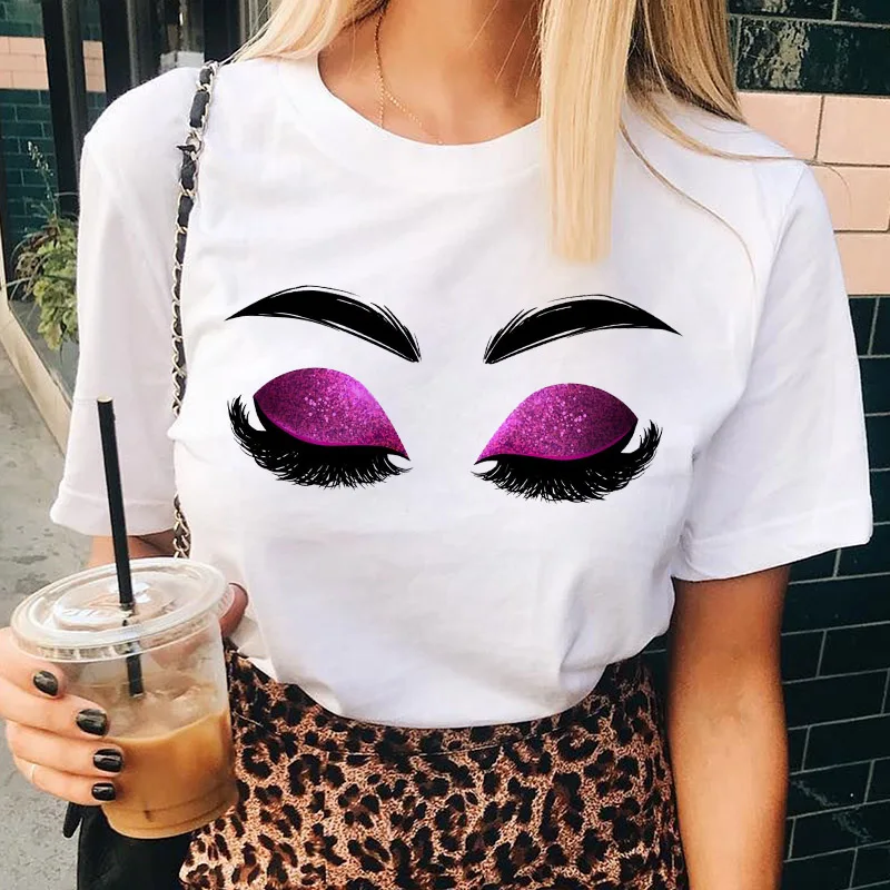 

Tees Woman Cloth Watercolor New Trend Eyelash Printing Cartoon Female Clothes O Neck Tops Tshirt Fashion Simple T-Shirts Tee