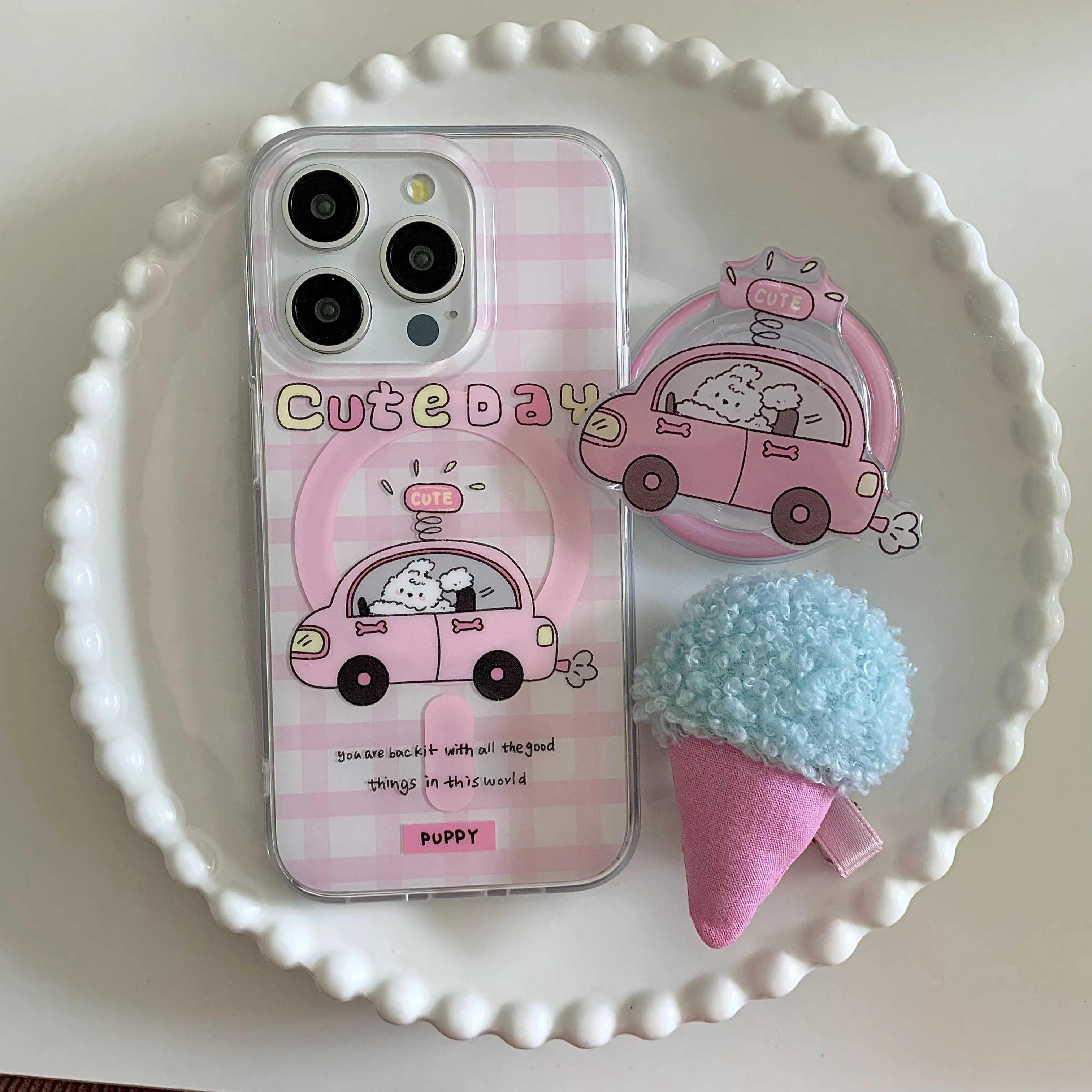 Магнитные Чехлы розового цвета для iphone 15pro 13 15promax 14promax 14 15 12 pro max мультяшный щенок