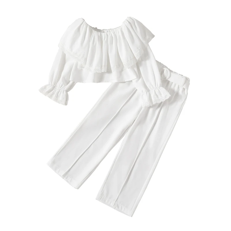 

Kid Girl Fashion Pant Set Fall Outfit 2pcs Off Shoulder Long Sleeve Pullover Top Lace White Shirt Belted Pants