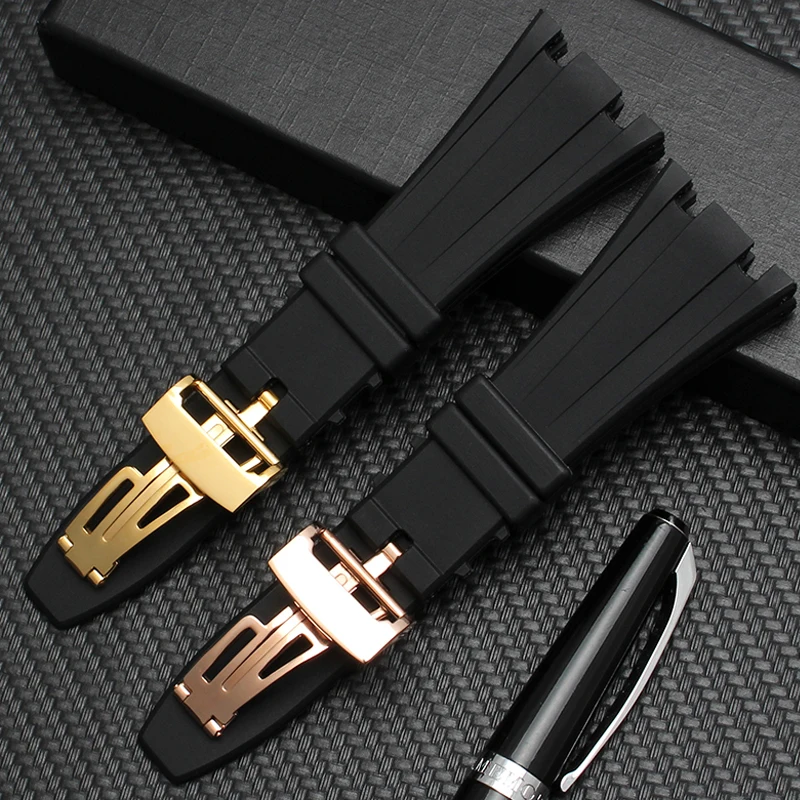 For AP  Folding buckle Watch strap  suitable for Abby strap 15400 / 26470 / 15703 silicone rubber black strap 28mm