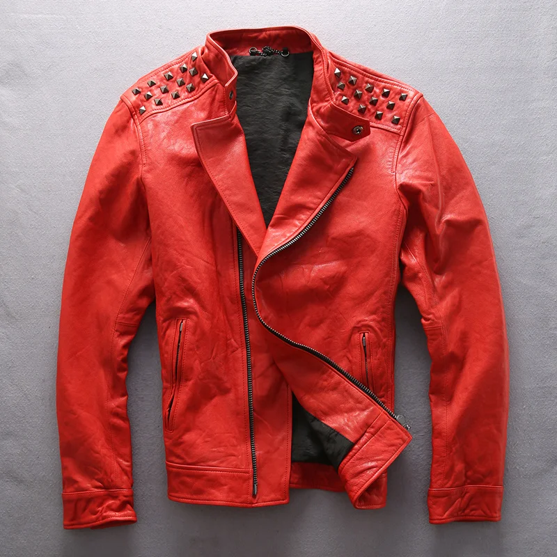 

Leather Sheep Brand Black/Red Genuine Rivet Top Quality Outwear Coat Vintage Classic Goat Skin Motorcycle Rider Jacket