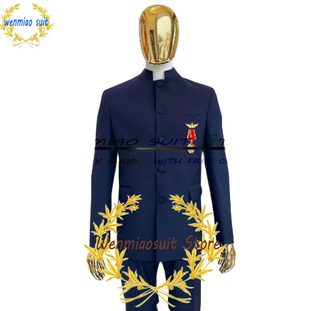 Royal Blue Men's 2 Piece Suit Stand Collar Formal Jacket Wedding Groom Tuxedo Business Blazer Pants Set