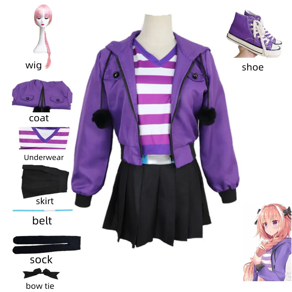 

Astolfo Anime Cosplay Costume Fate Apocrypha Purple Coat Striped Underwear Skirt Wig Man Woman Kawaii Fashion Halloween Suit