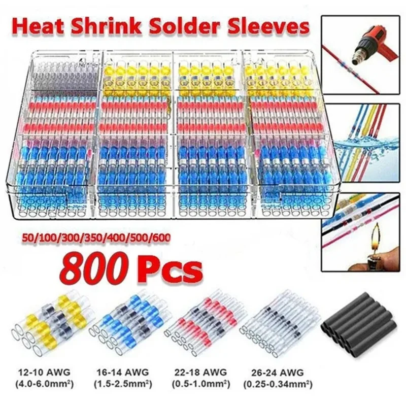 

50/100/500/800Pcs Heat Shrink Butt Crimp Terminals Waterproof Solder Seal Electrical Butt Connectors Wire Cable Splice Terminal