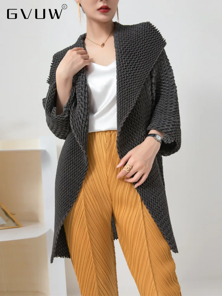 GVUW Women Pleated  Trench Fashion Solid High Street Loose Lapel Long Sleeve Open Stitch Coat Female Tide 2023 Spring 17G0643