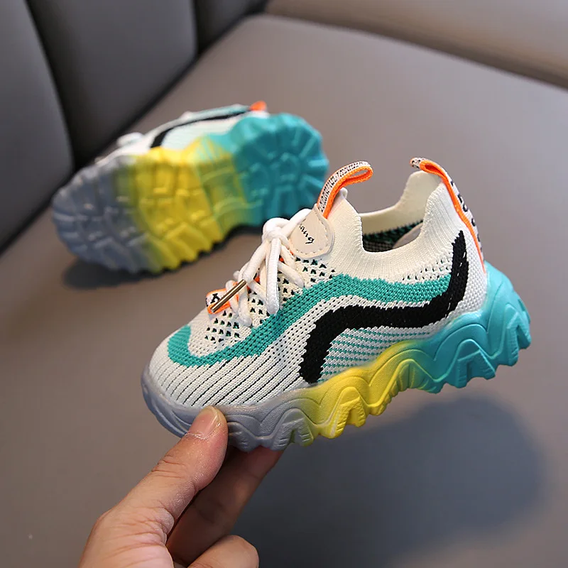 Boys Sneakers Mesh Surface Breathable 2023 Fall New Girls Mesh Shoes Rainbow Shoes Baby Learn To Go Flying Woven Princess Shoes enlarge