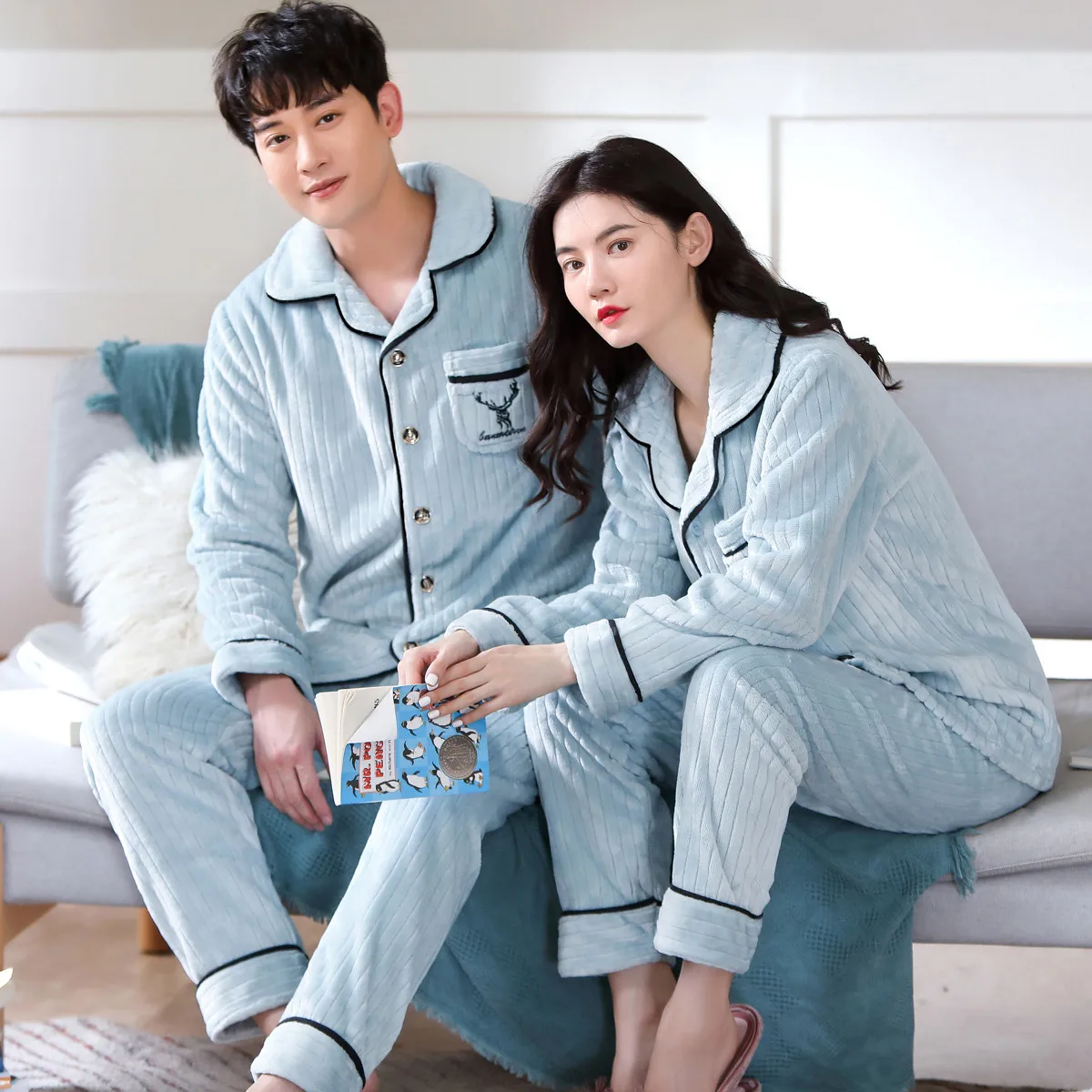 New Couple Pajamas Set Autumn Winter Soft Thicken Flannel White Pajamas Women Men Pyjamas Long Sleeve Sleepwear Lovers Pijama