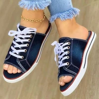 new flat heel women slippers fashion women canvas sandals summer slippers lace up open toe ladies denim flat shoes zapatos mujer