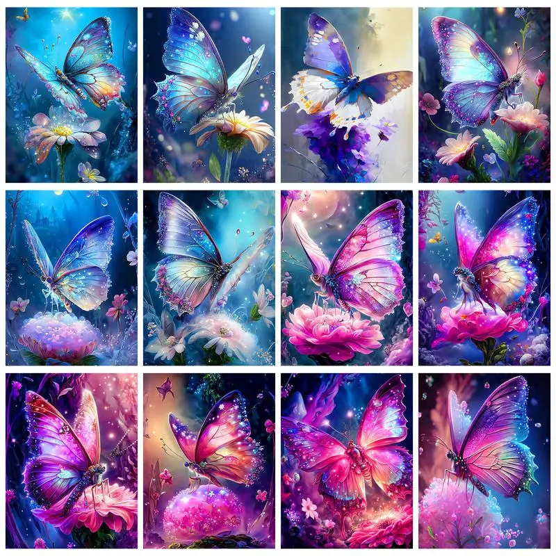 

CHENISTORY Oil Painting By Numbers Handmade Acrylic Paint Blue Pink Butterflies Home Decors Adults Crafts On Canvas DIY Gift
