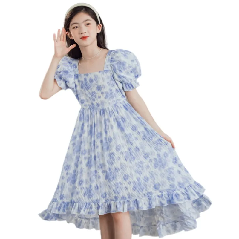 

5-14T Teenage Summer Floral Blue Dresses Girls Korean Style Chiffon Square Collar Sundress Princess Girls Fashion Dovetail Dress