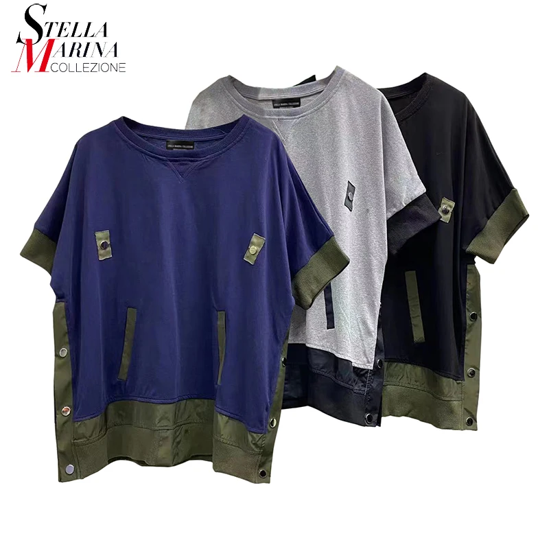 

Korean Style New Summer Blue Black patchwork Short-Sleeve Tee Top Round Neck Oversized Loose Fit Casual T-shirt T Shirts NF023