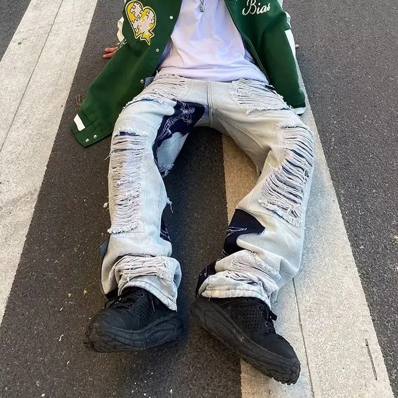 American High Street Distressed Embroidered Ripped Mens Jeans Loose Straight Hiphop Brand Frayed Wide-leg Trend Trouser for Men