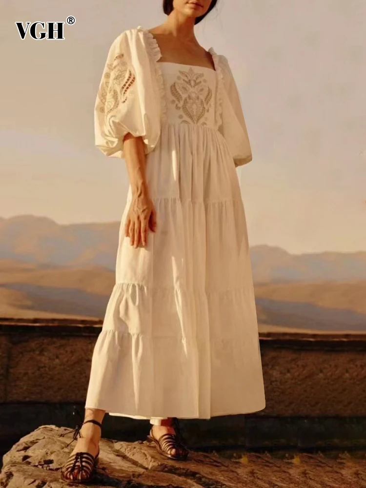 

VGH Vintage Patchwork Embroidery Dress For Women Square Collar Loose Lantern Sleeve High Waist Midi Dresses Female 2022 Summer