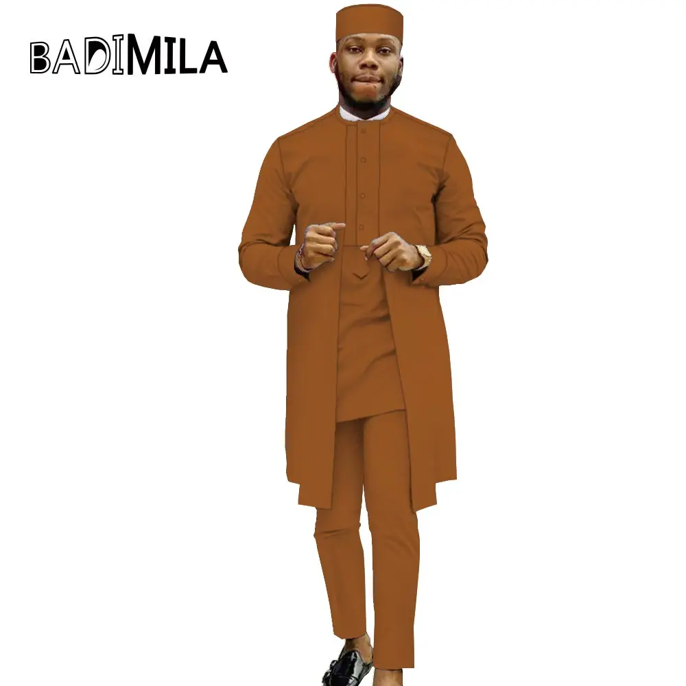 

Bazin Riche African Traditional Clothing for Men Dashiki Long Sleeve Shirts Pants and Tribal Hat 3 Piece Outfits WYN1657